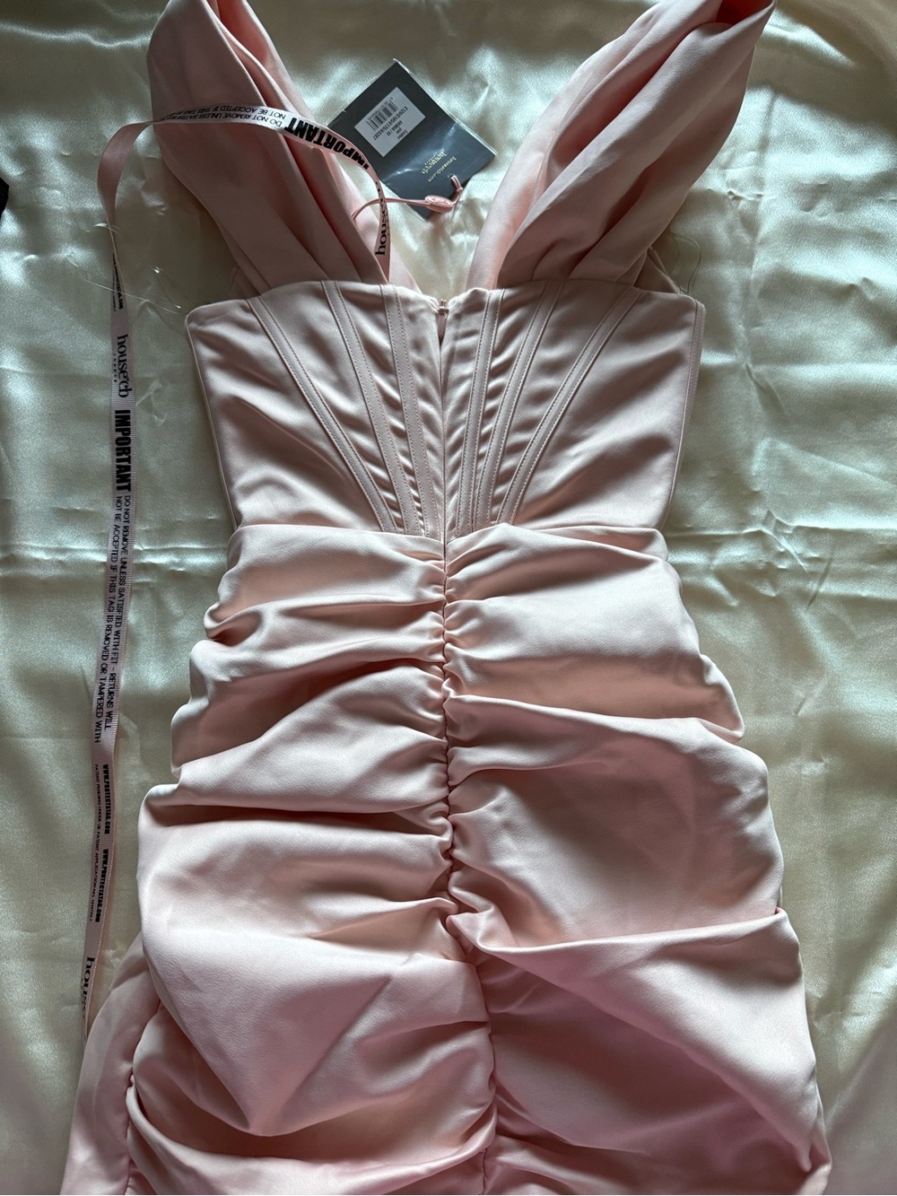 House of CB Pale Blush Strapless Satin Ruched Cocktail Dress - Picture 3 of 4